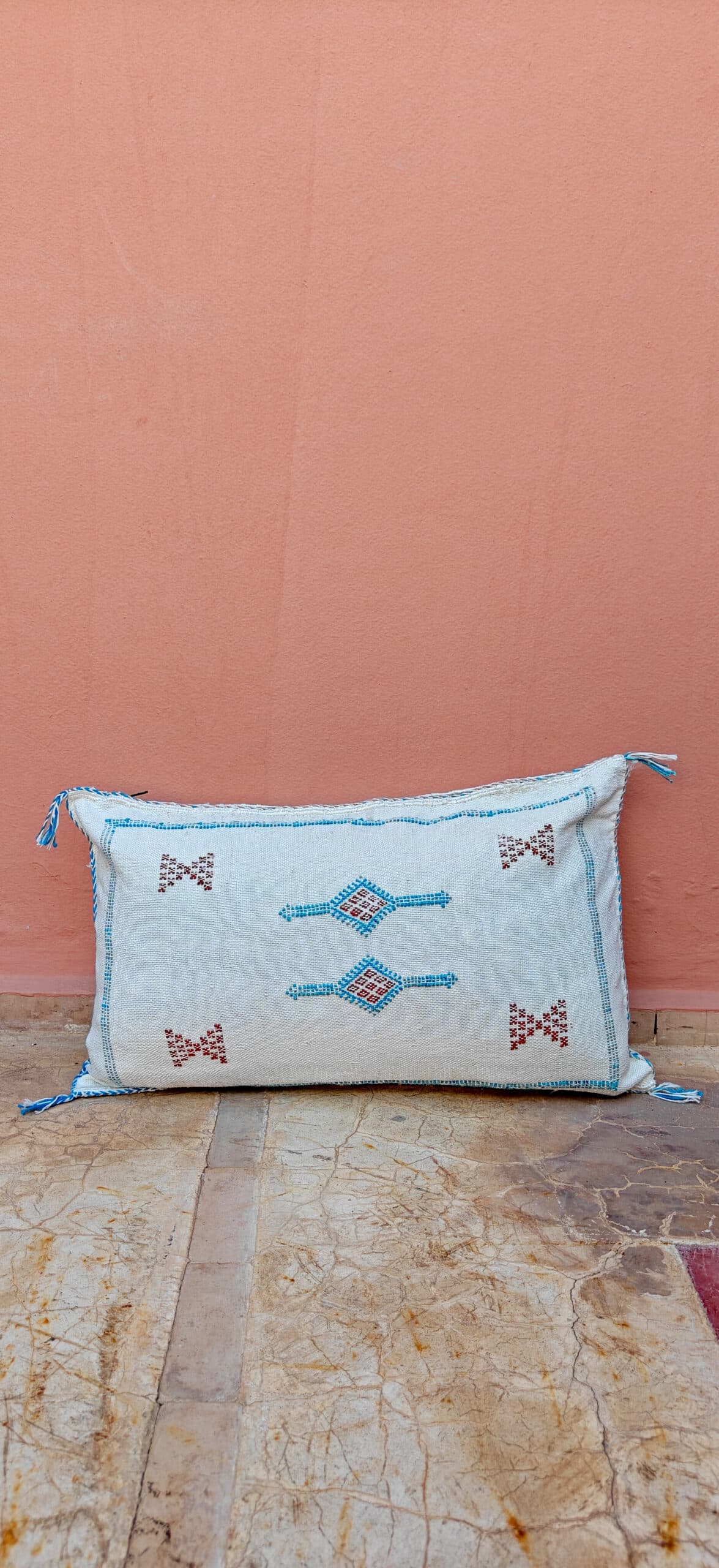 Sabra Lumbar Cushion - Ivory White & Turquoise Berber Motif