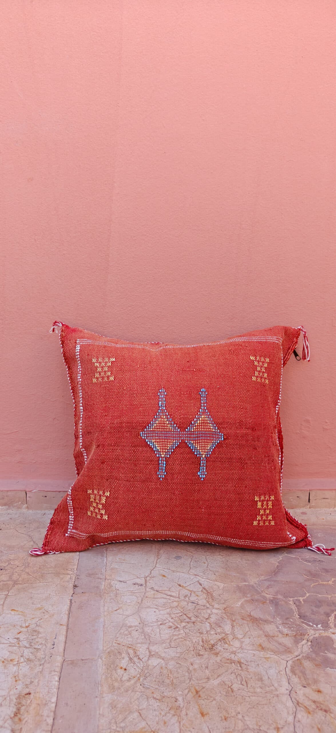 Sabra Square Cushion - Terracotta & Sky Blue Diamond