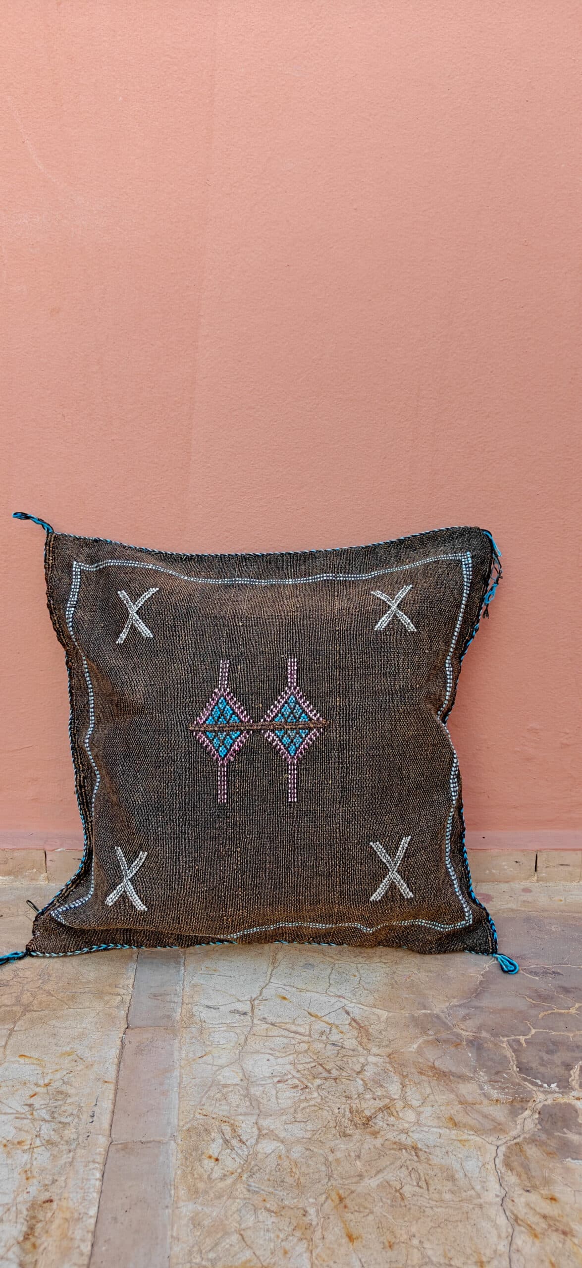 Sabra Square Cushion - Espresso & Turquoise Twin Diamond