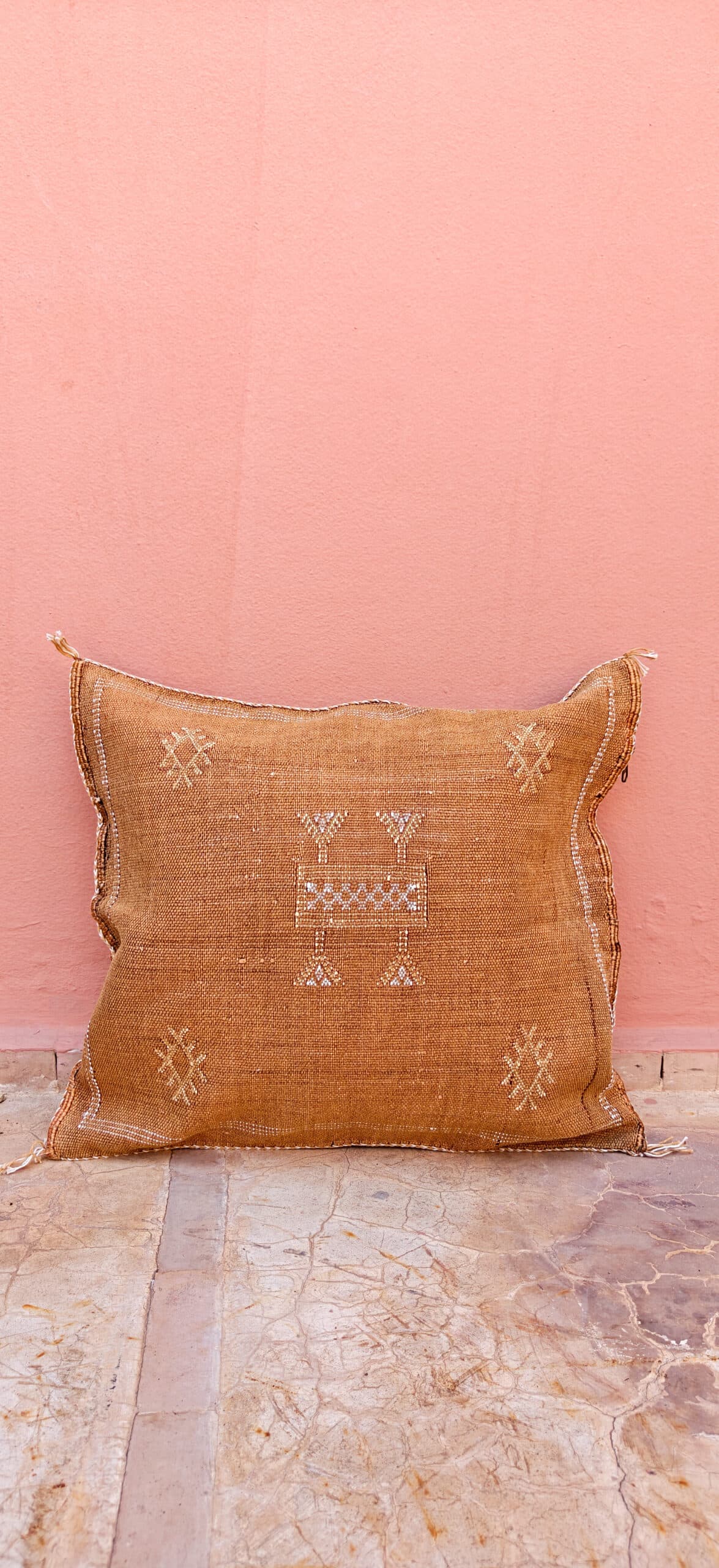 Sabra Square Cushion - Caramel Ochre & White Loom Motif