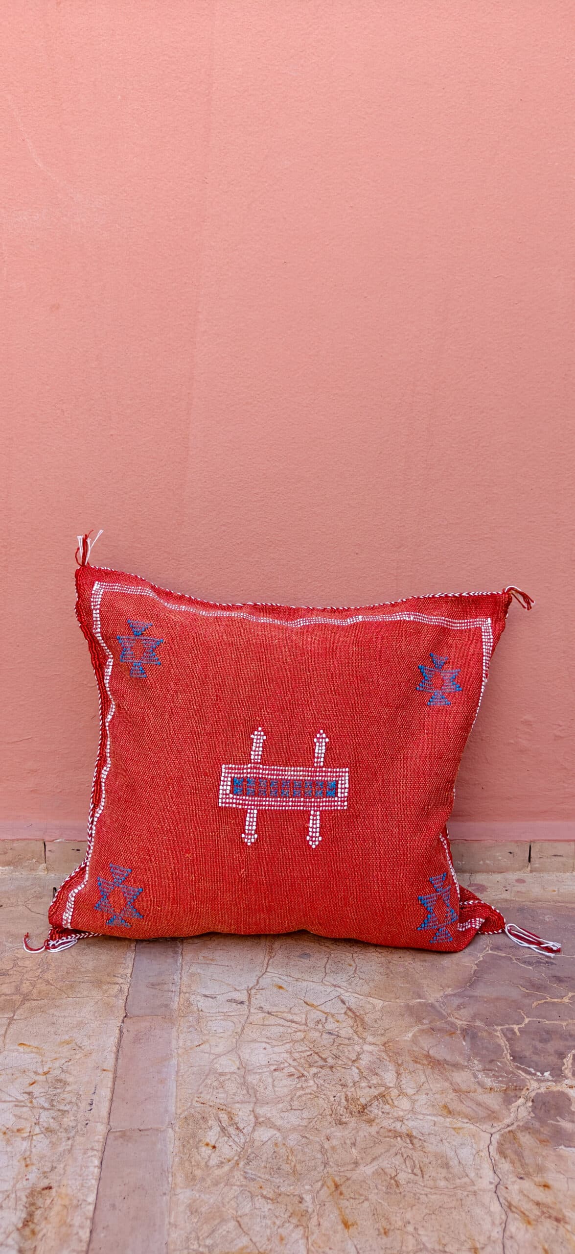 Sabra Square Cushion - Poppy Red & Sky Blue Loom Motif