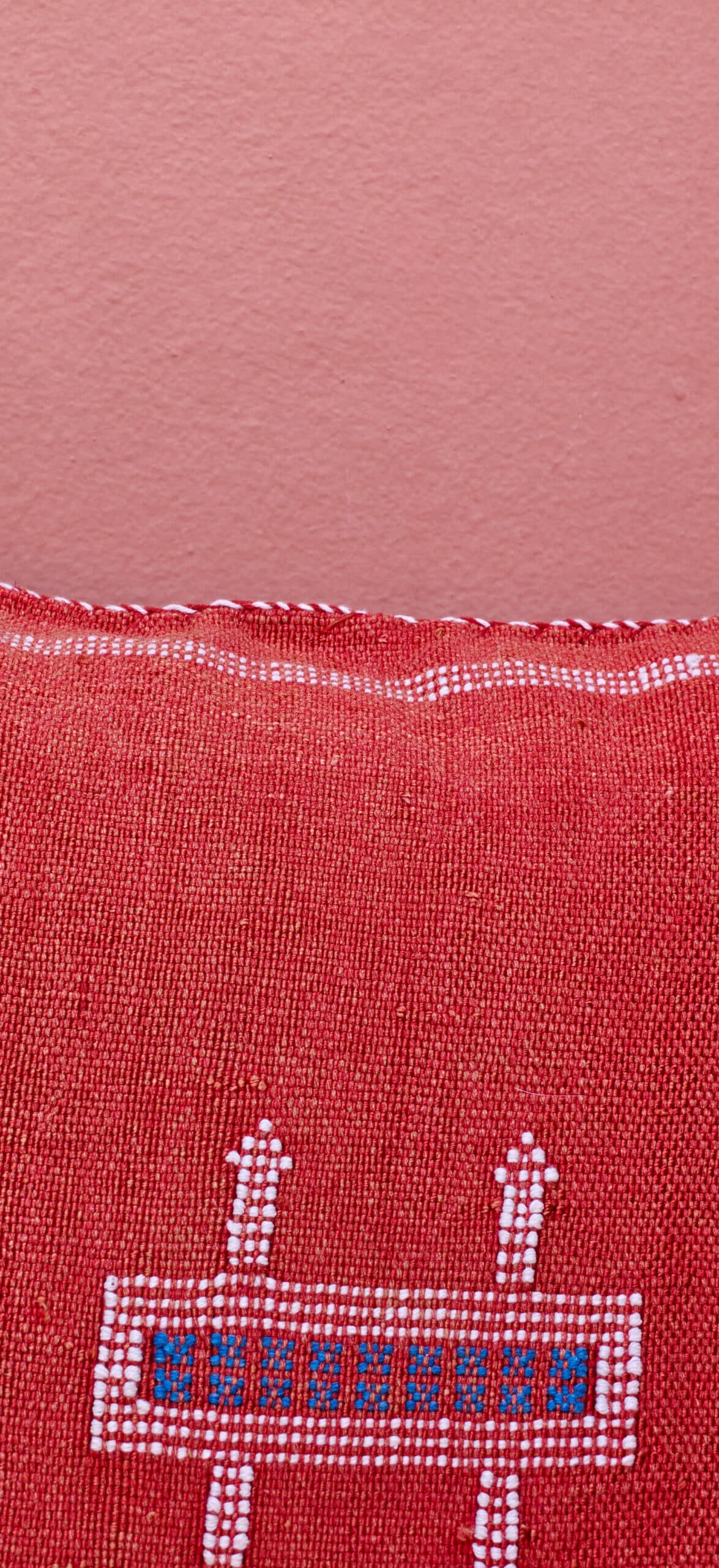 Sabra Square Cushion - Poppy Red & Sky Blue Loom Motif 2